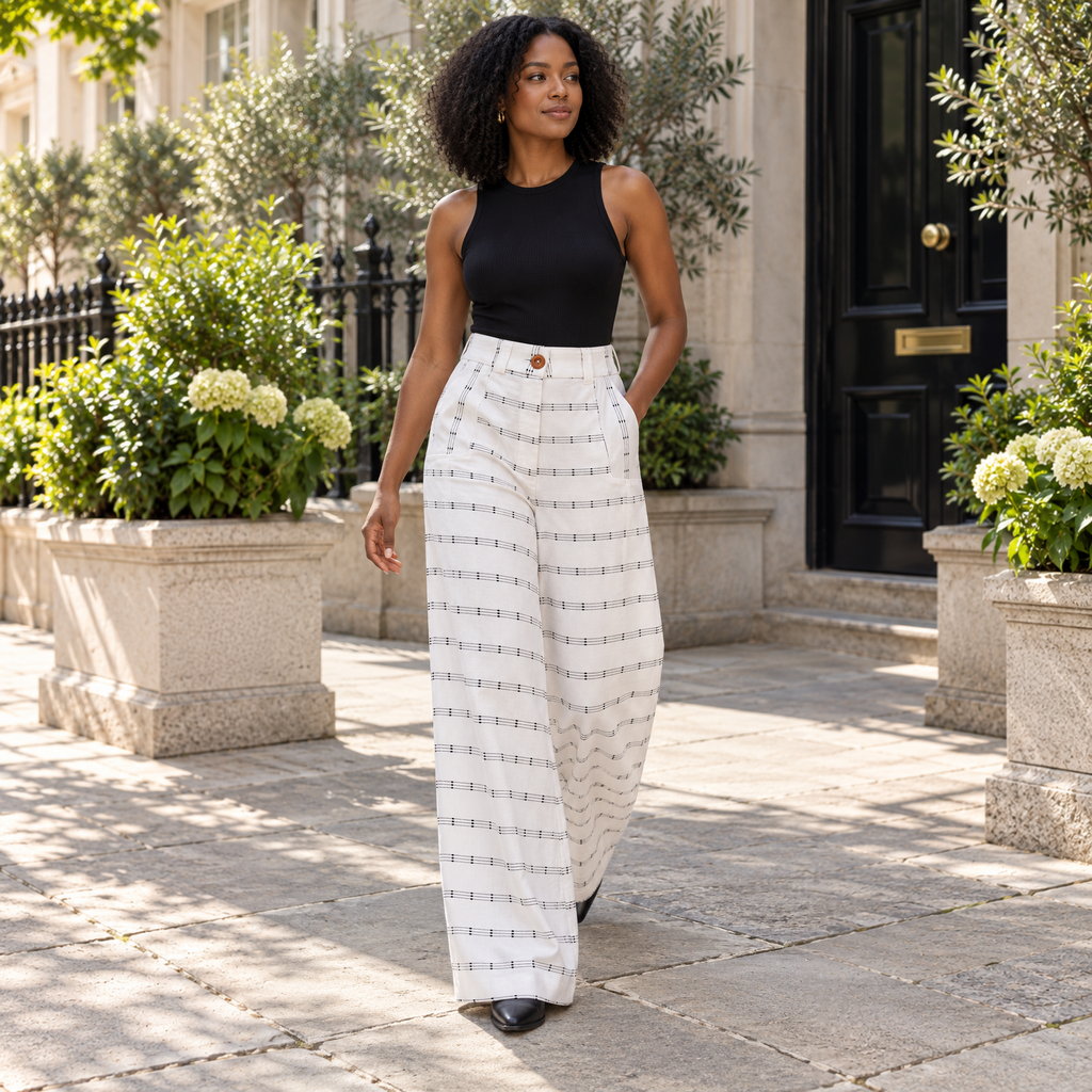 Keys 26 Denim-Cut White & Black Stripe Organic Cotton Palazzo Pants