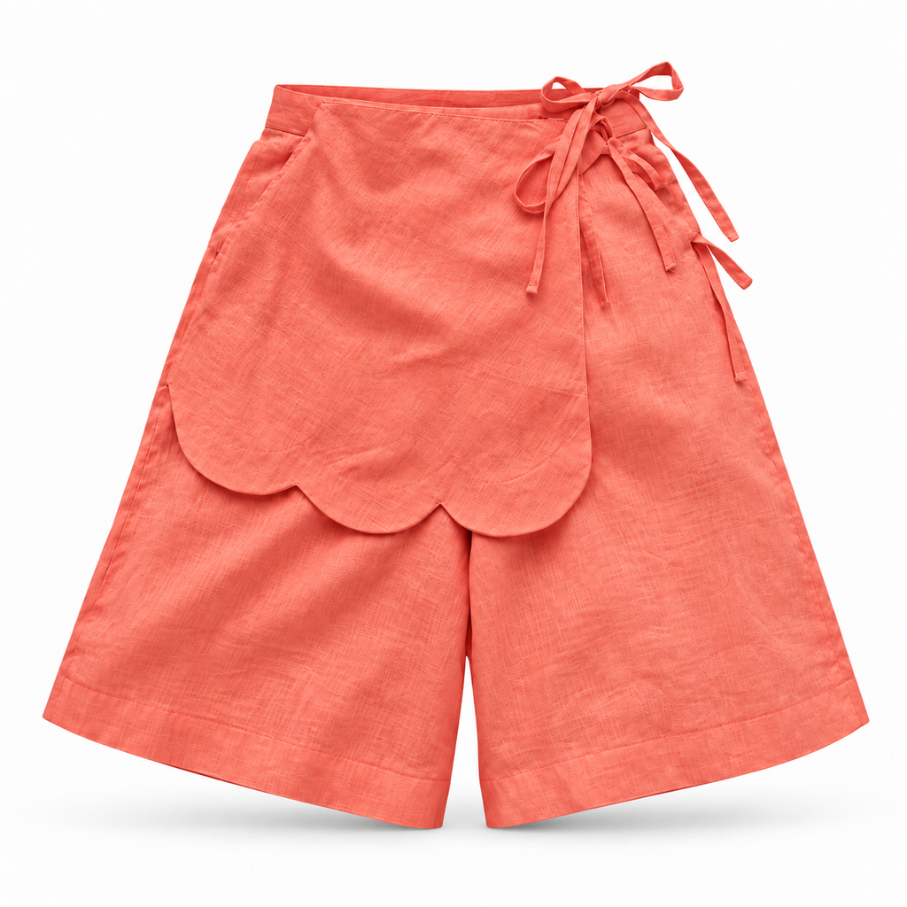 Alessia Orange Asymmetrical Linen Wide-Leg Shorts with Scalloped Panel & Side Lacing