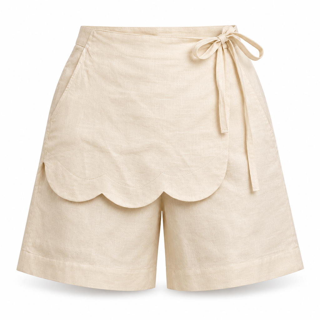 Alessia, Handcrafted Asymmetrical Linen Wide-Leg Shorts with Scalloped Panel & Side Lacing