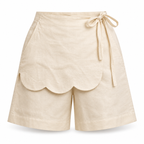 Alessia, Handcrafted Asymmetrical Linen Wide-Leg Shorts with Scalloped Panel & Side Lacing