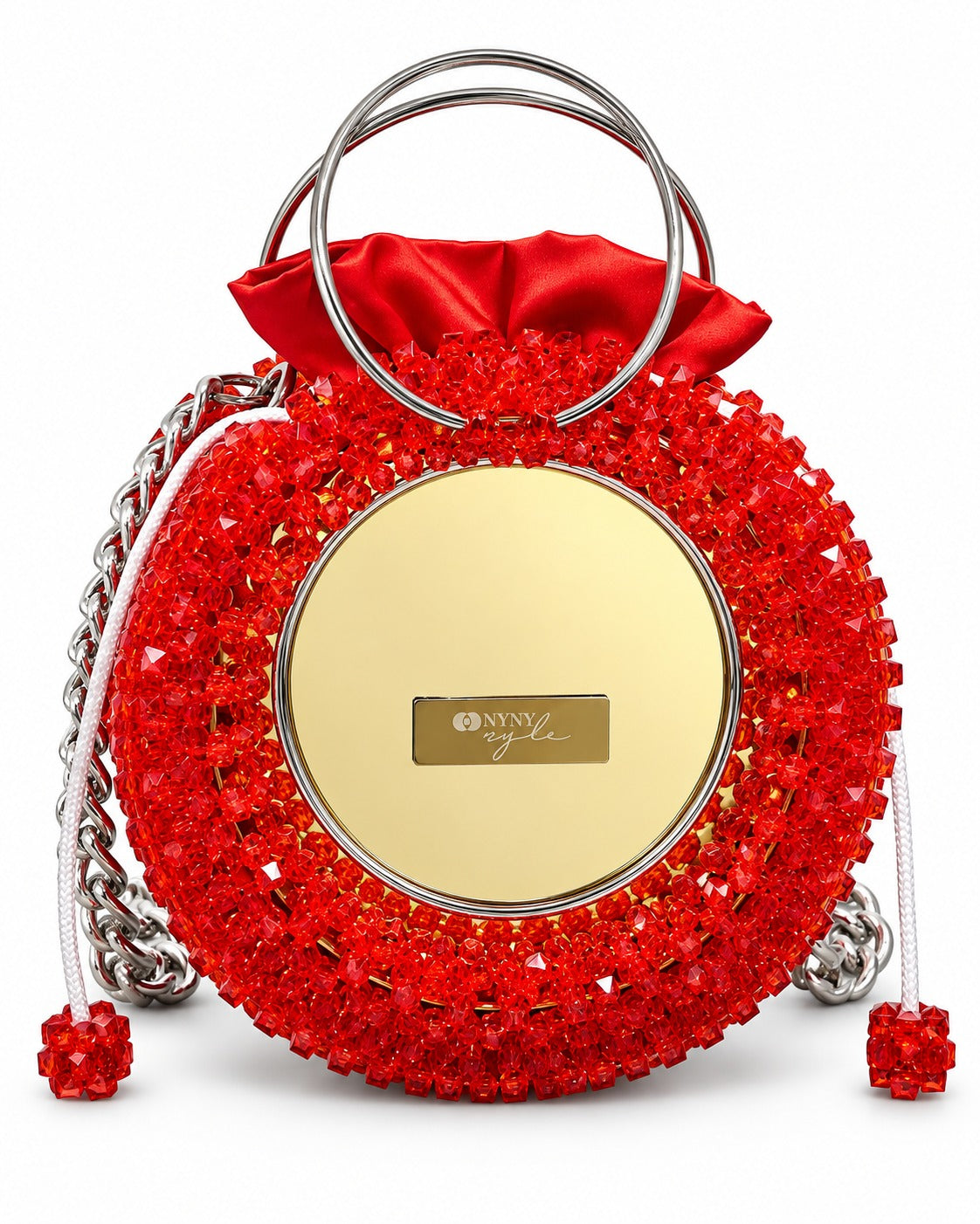 Mirror, Handcrafted Red Beaded Crystal Handbag with Pouch
