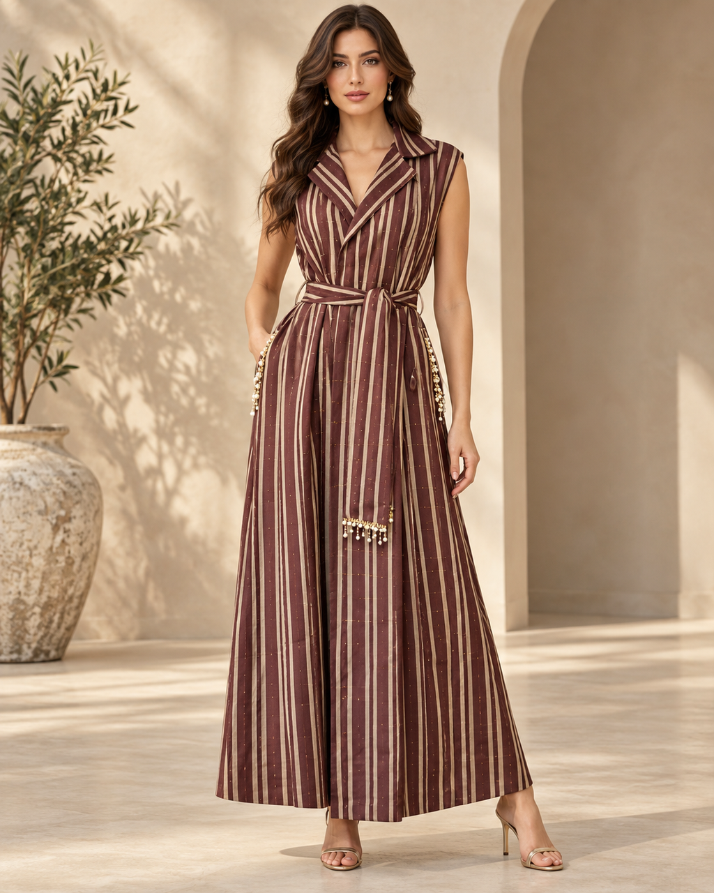 ABI Chocolate, Handcrafted Sleeveless Long Kente Abaya with Embellishments & Belt