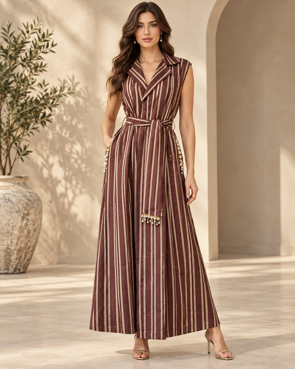 ABI Chocolate, Handcrafted Sleeveless Long Kente Abaya with Embellishments & Belt
