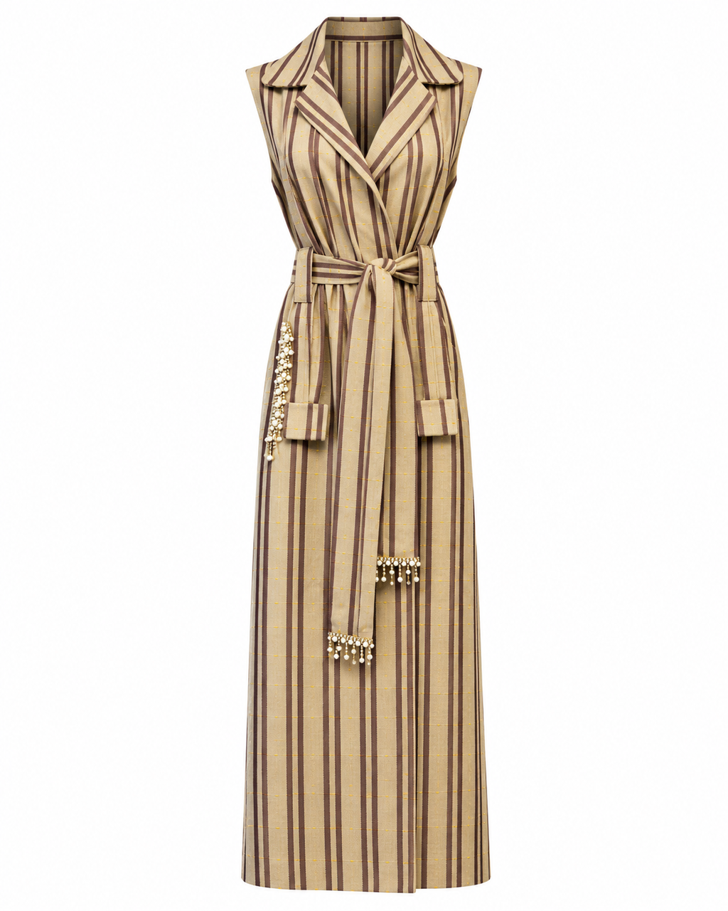 ABI Cream, Handcrafted Sleeveless Long Kente Abaya with Embellishments & Belt