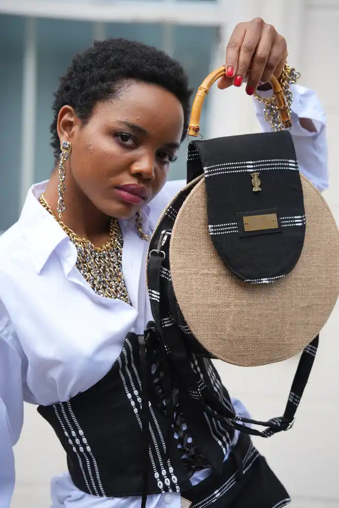 Afrodisk, Handcrafted Jute & Kente Bag with Bamboo Handles in Black