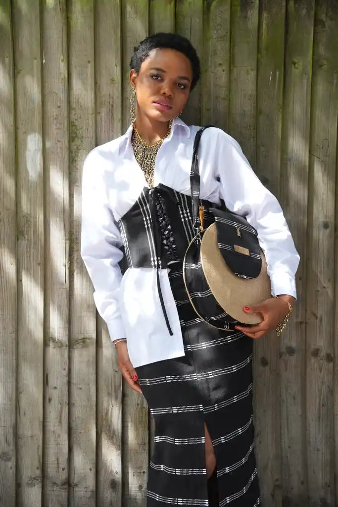 Afrodisk, Handcrafted Jute & Kente Bag with Bamboo Handles in Black