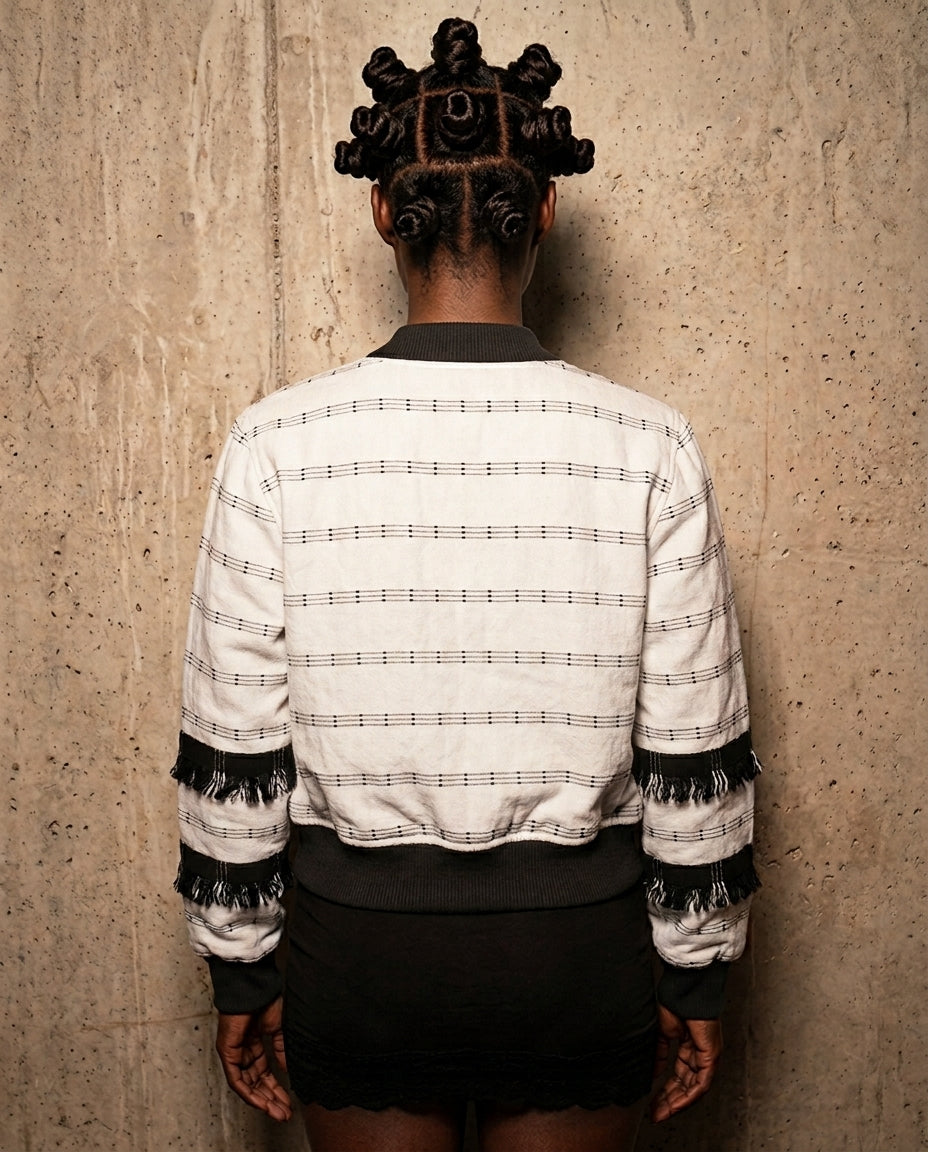 Speranza, Unisex Hand-Woven Fringe Bomber Jacket White Statement Coat
