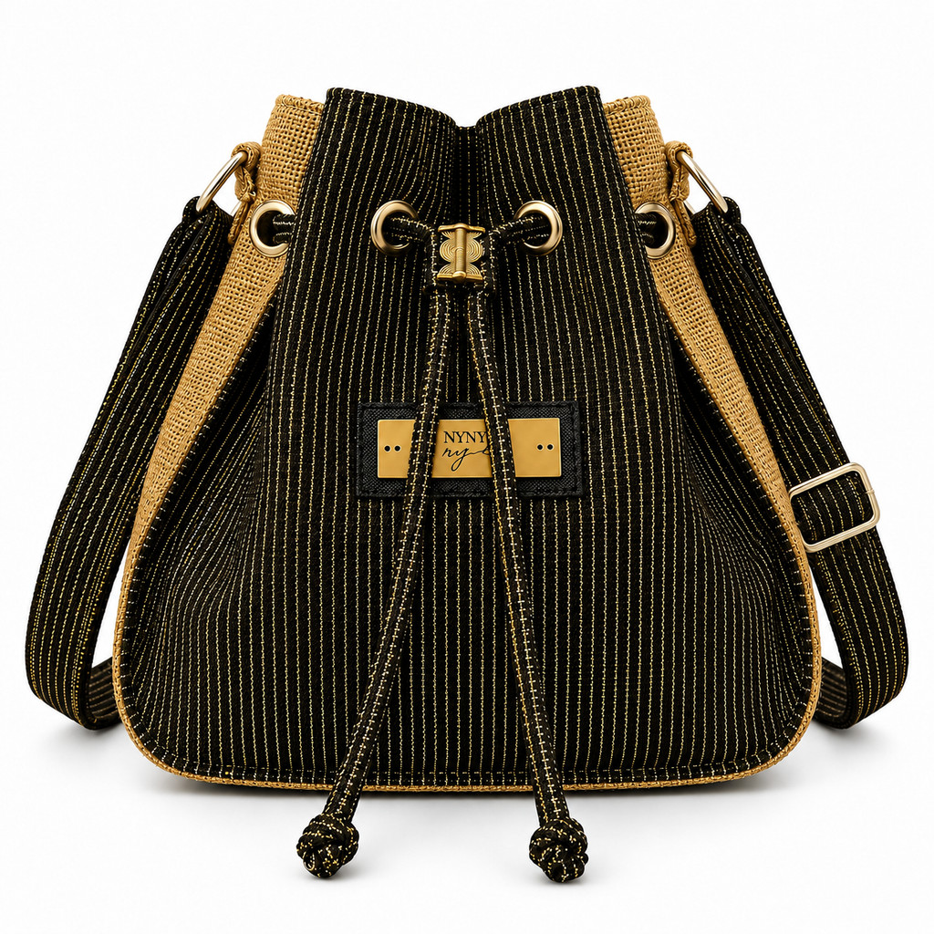 Calebass, Handcrafted Kente Jute Shoulder & Crossbody Black & Gold Bag