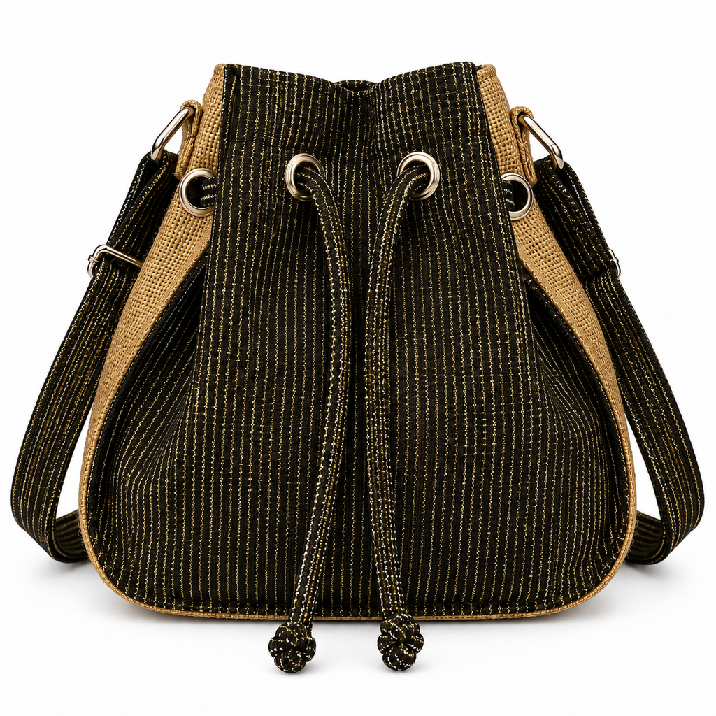 Calebass, Handcrafted Kente Jute Shoulder & Crossbody Black & Gold Bag