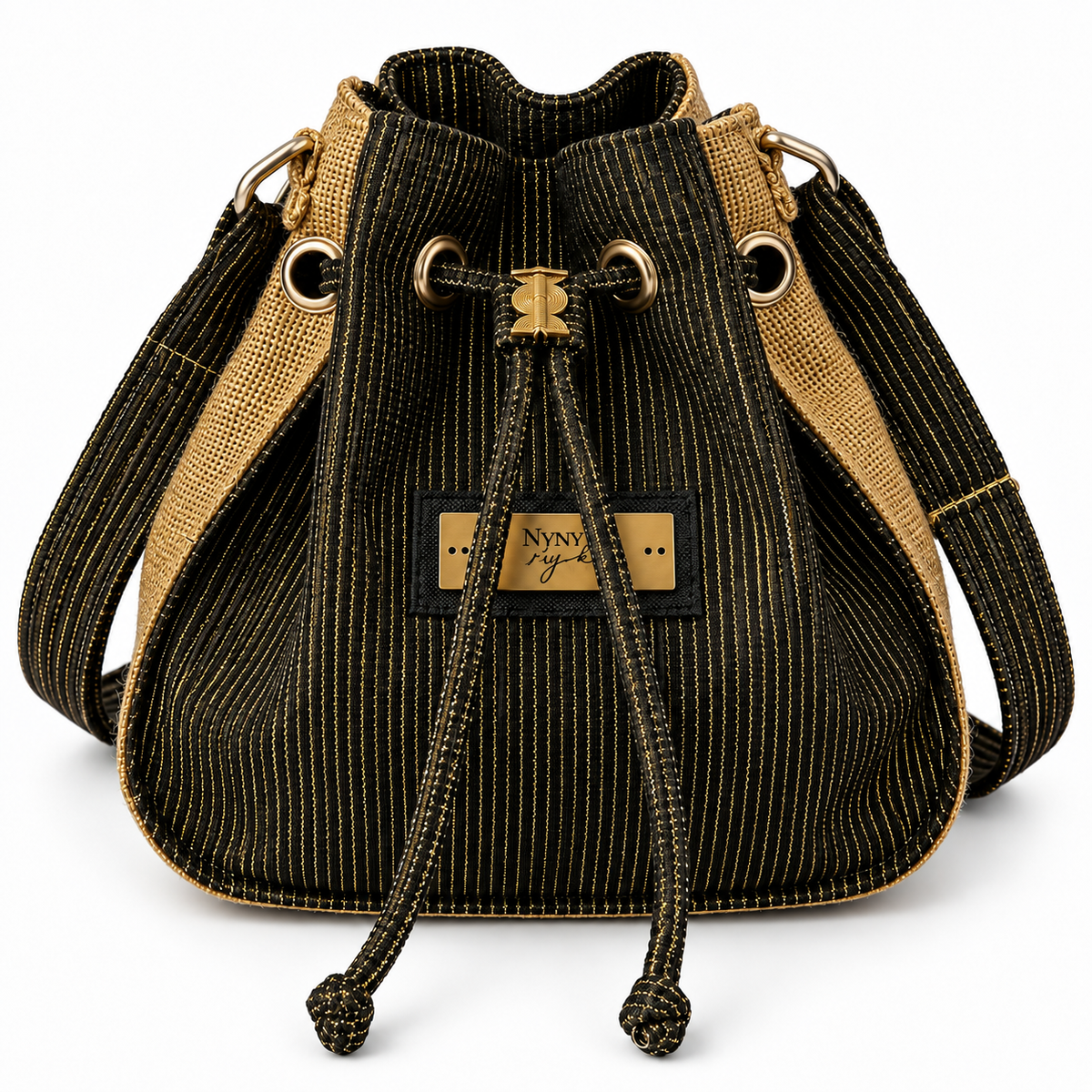Calebass, Handcrafted Kente Jute Shoulder & Crossbody Black & Gold Bag