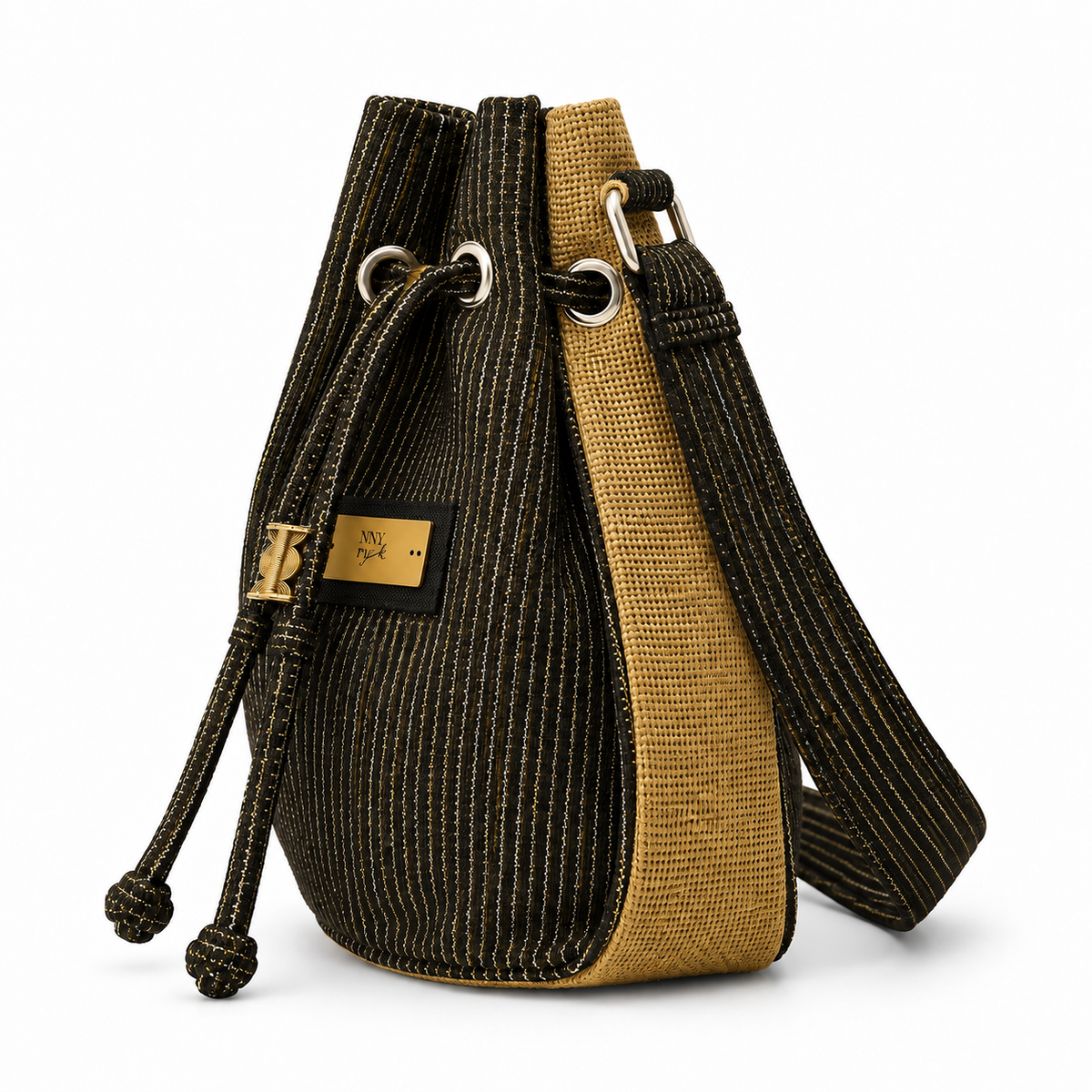 Calebass, Handcrafted Kente Jute Shoulder & Crossbody Black & Gold Bag