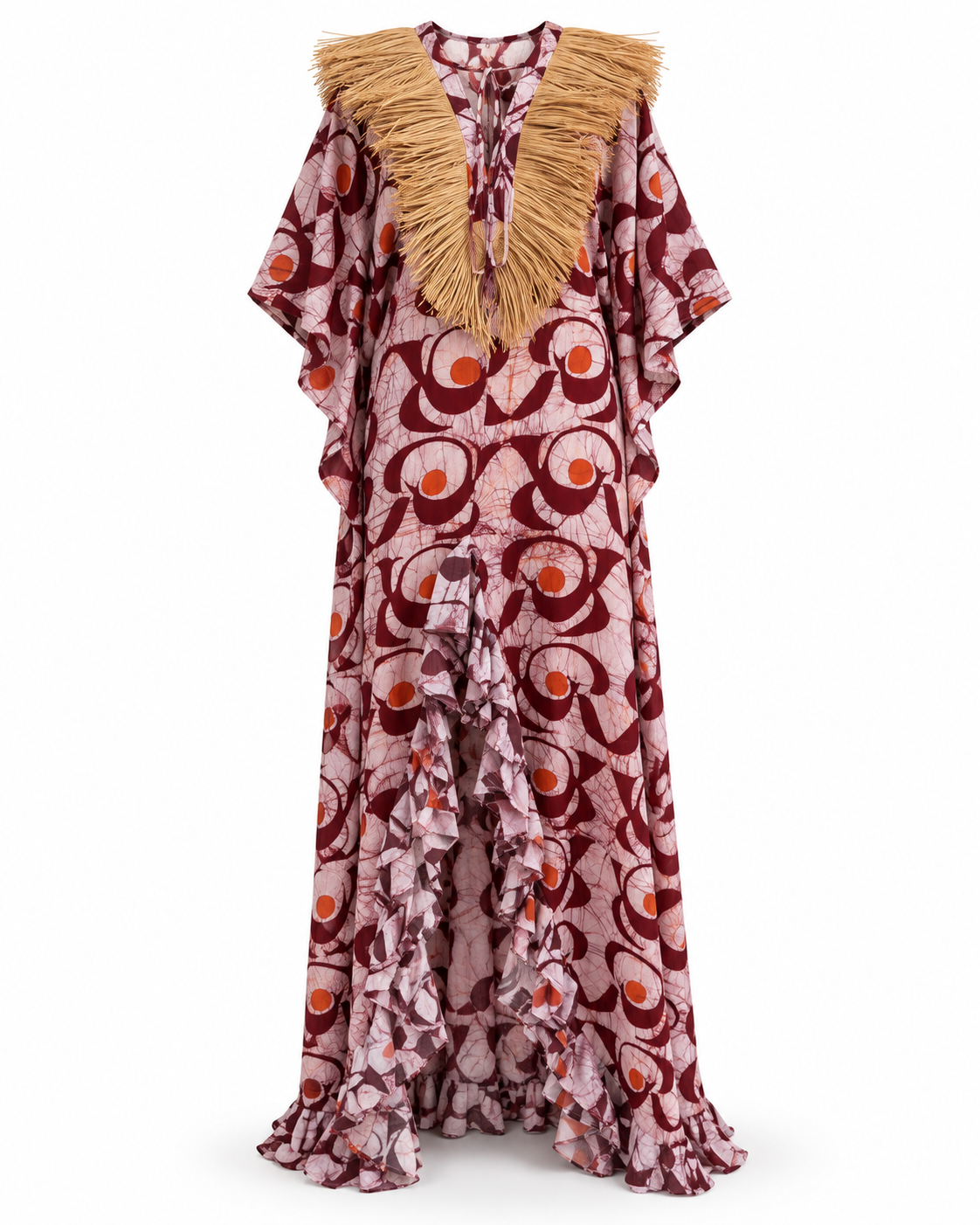 Cotonou, Handcrafted Fluid Batik Cotton Maxi Dress with Raffia Collar