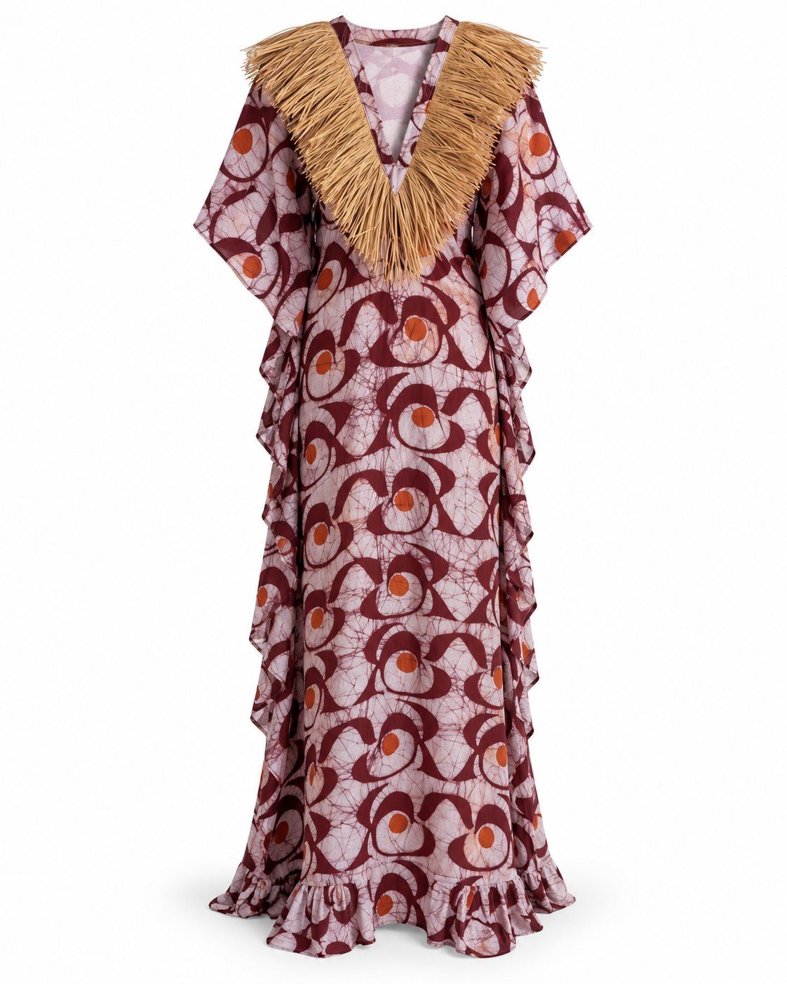 Cotonou, Handcrafted Fluid Batik Cotton Maxi Dress with Raffia Collar