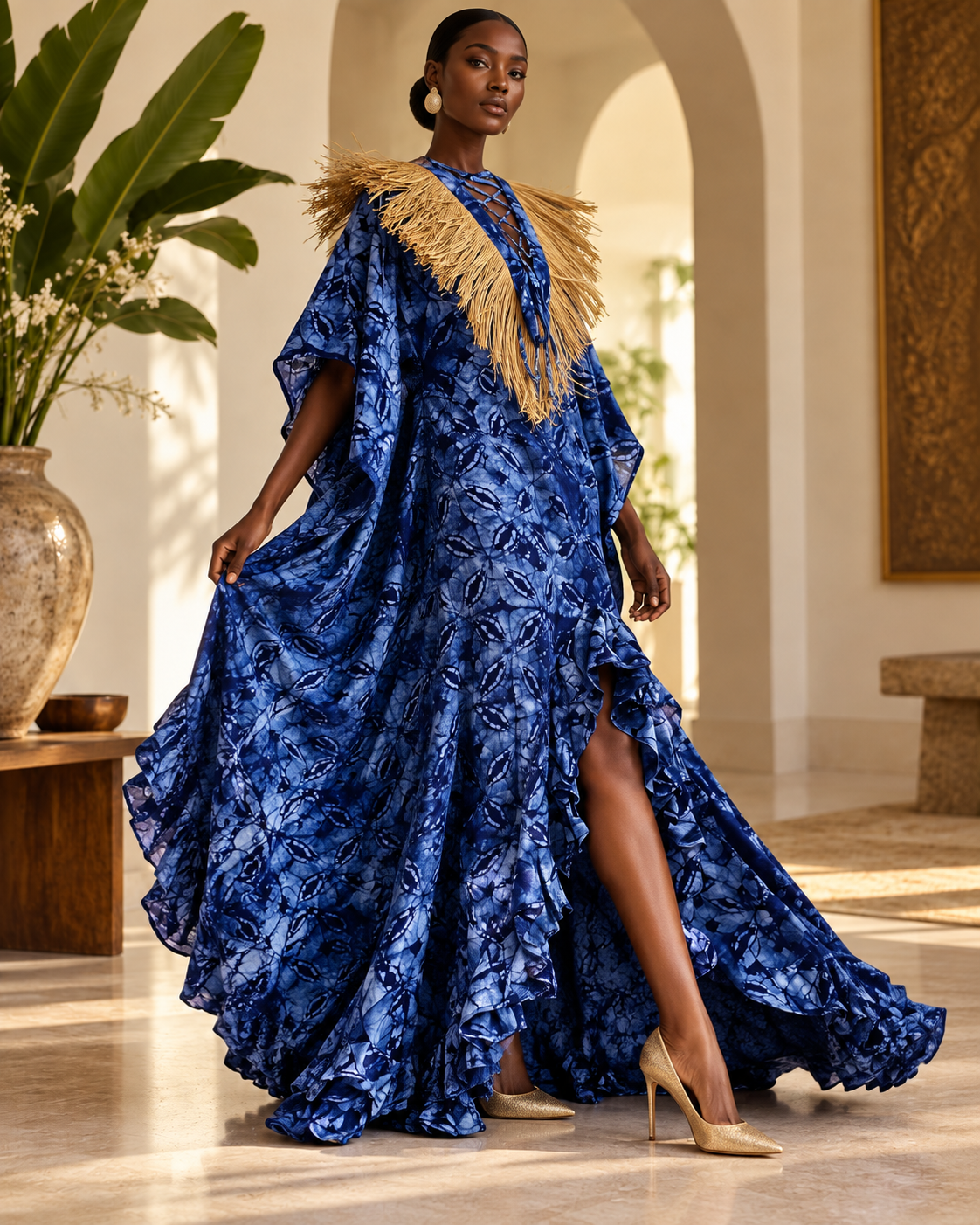 Cotonou, Blue Handcrafted Fluid Batik Cotton Maxi Dress with Raffia Collar