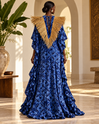 Cotonou, Blue Handcrafted Fluid Batik Cotton Maxi Dress with Raffia Collar