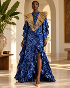 Cotonou, Blue Handcrafted Fluid Batik Cotton Maxi Dress with Raffia Collar