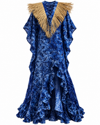Cotonou, Blue Handcrafted Fluid Batik Cotton Maxi Dress with Raffia Collar