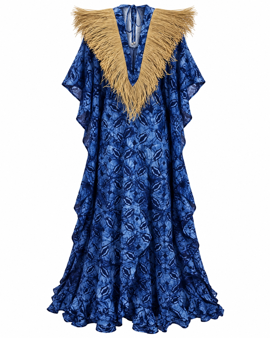 Cotonou, Blue Handcrafted Fluid Batik Cotton Maxi Dress with Raffia Collar
