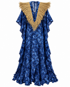 Cotonou, Blue Handcrafted Fluid Batik Cotton Maxi Dress with Raffia Collar