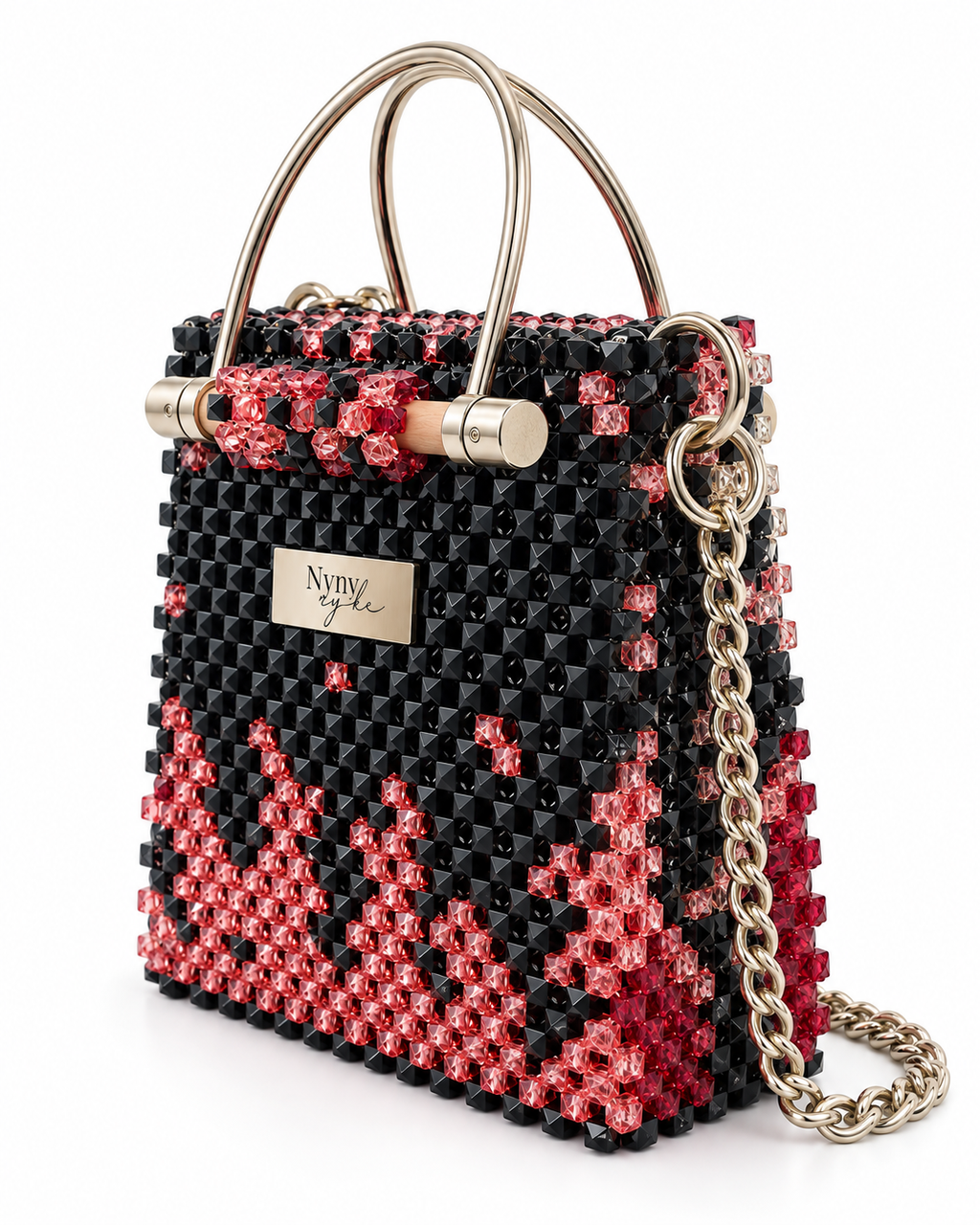 Cube, borsa artigianale in cristallo con perline zebrate, con manici in bambù e argento