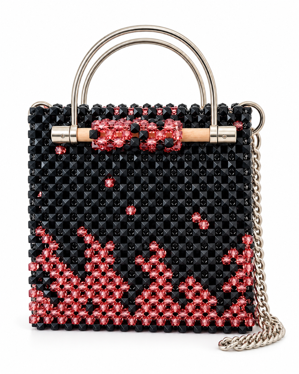 Cube, borsa artigianale in cristallo con perline zebrate, con manici in bambù e argento