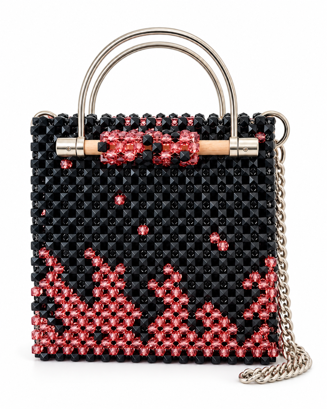 Cube, borsa artigianale in cristallo con perline zebrate, con manici in bambù e argento