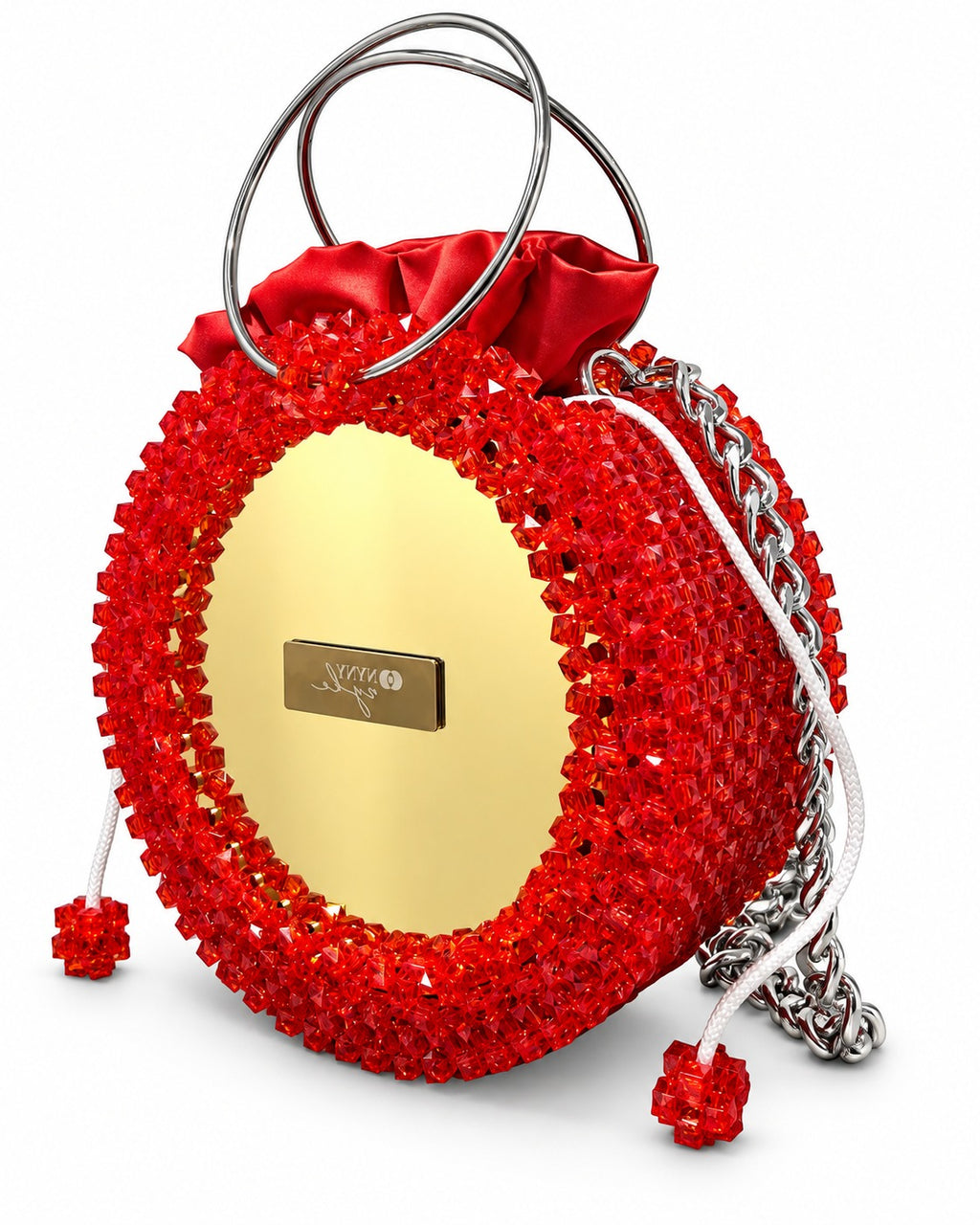 Mirror, Handcrafted Red Beaded Crystal Handbag with Pouch