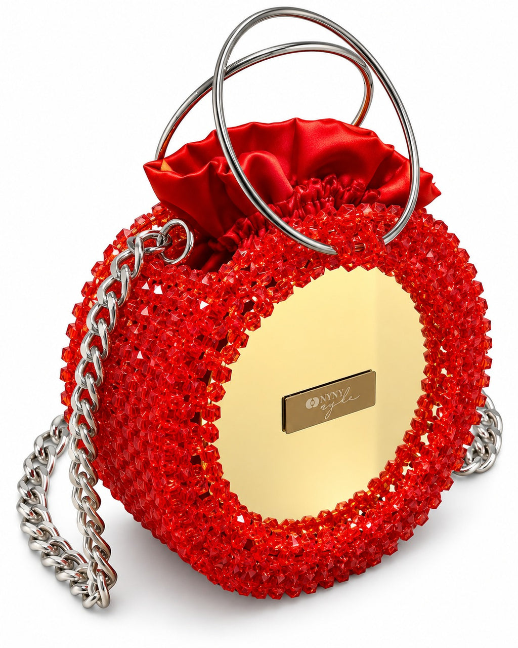 Mirror, Handcrafted Red Beaded Crystal Handbag with Pouch