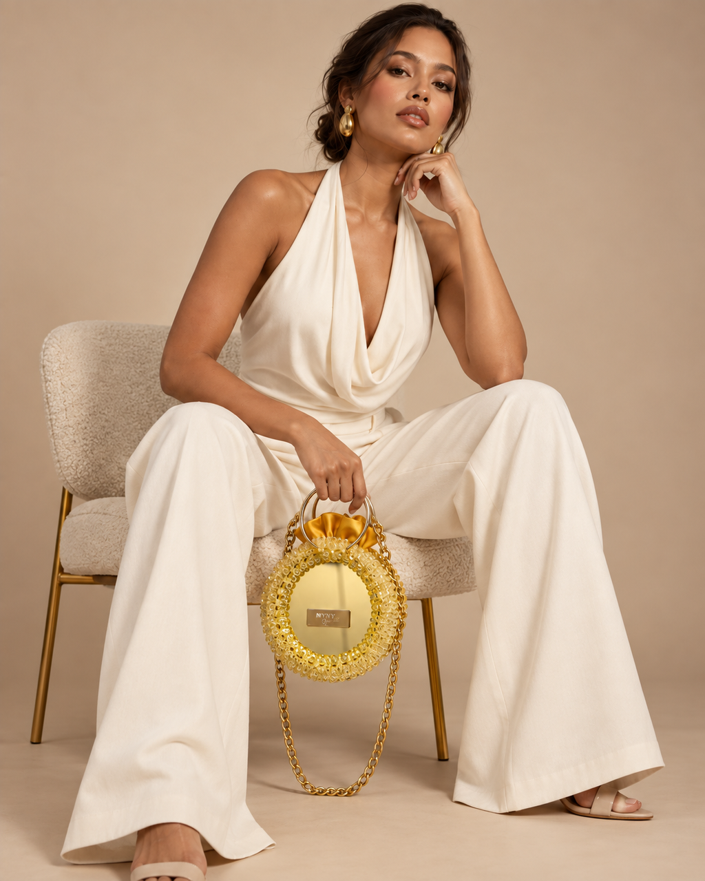 Mirror, Handcrafted Gold Beaded Crystal Handbag with Pouch