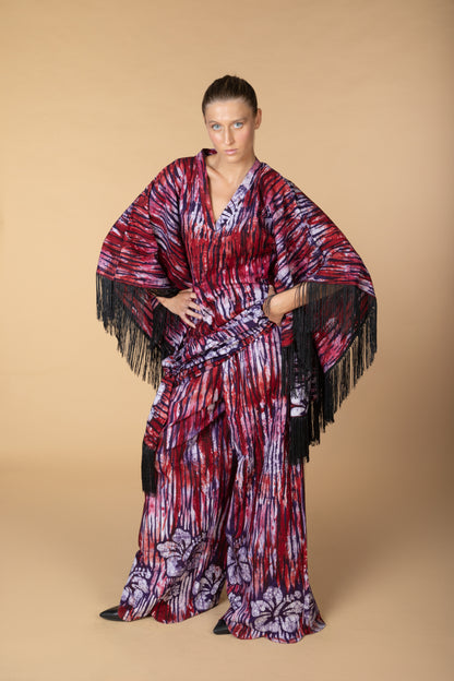 “Didi” burgundy (V neck kaftan with Fringe in Batik)