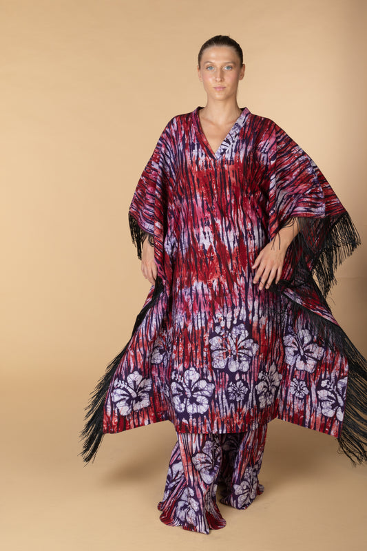 “Didi” burgundy (V neck kaftan with Fringe in Batik)