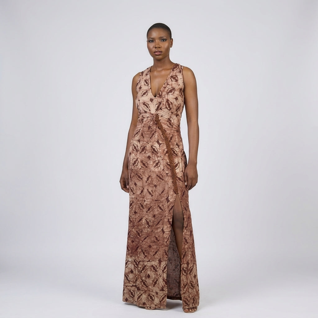 Mirva Asymmetrical Batik Evening Dress with Beaded Slit