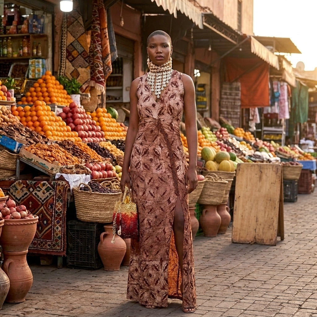 Mirva Asymmetrical Batik Evening Dress with Beaded Slit