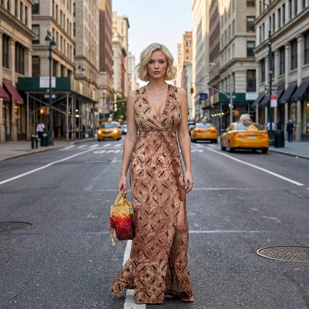 Mirva Asymmetrical Batik Evening Dress with Beaded Slit