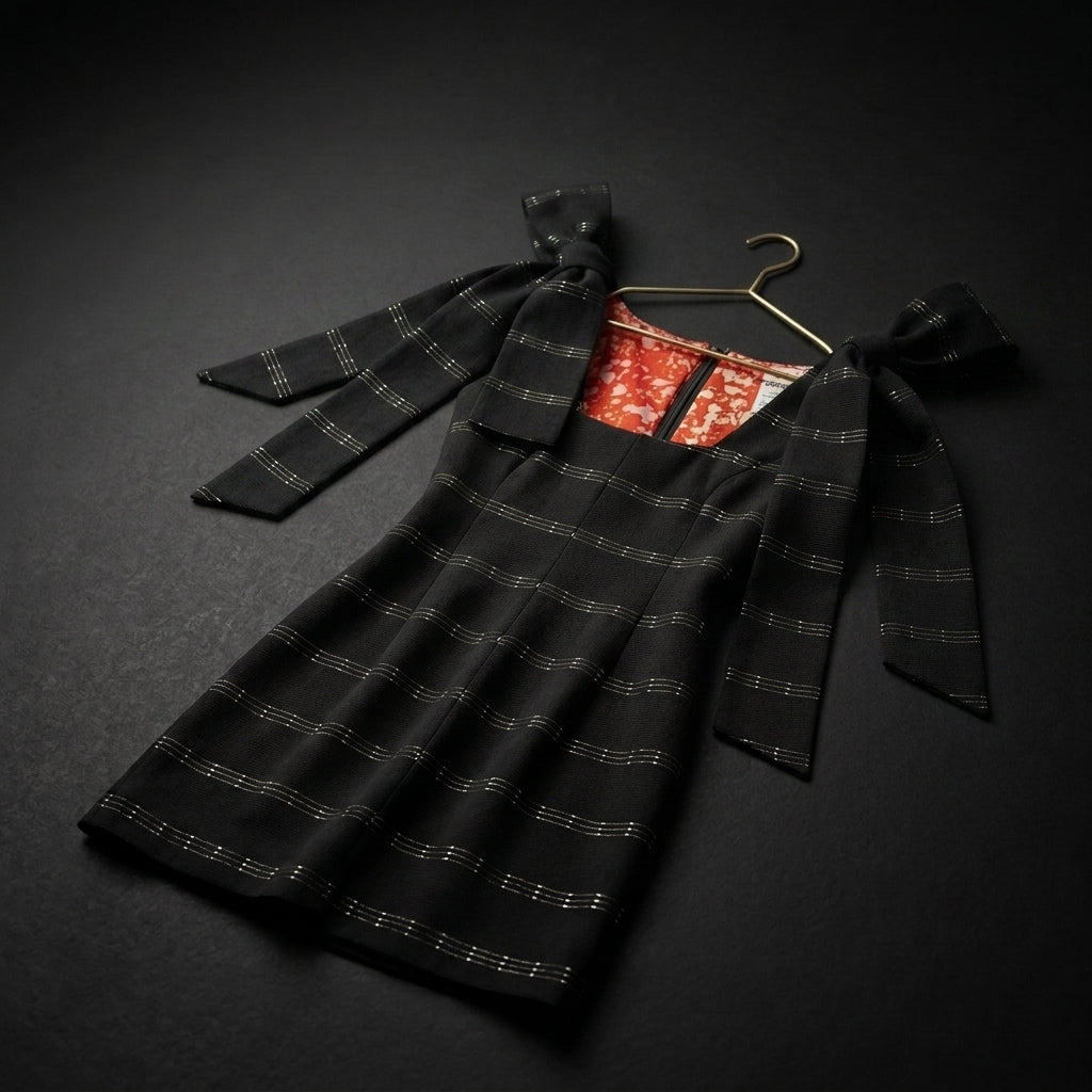 Mariam, Women's Handwoven Black Kente Mini Dress with Shoulder Bows