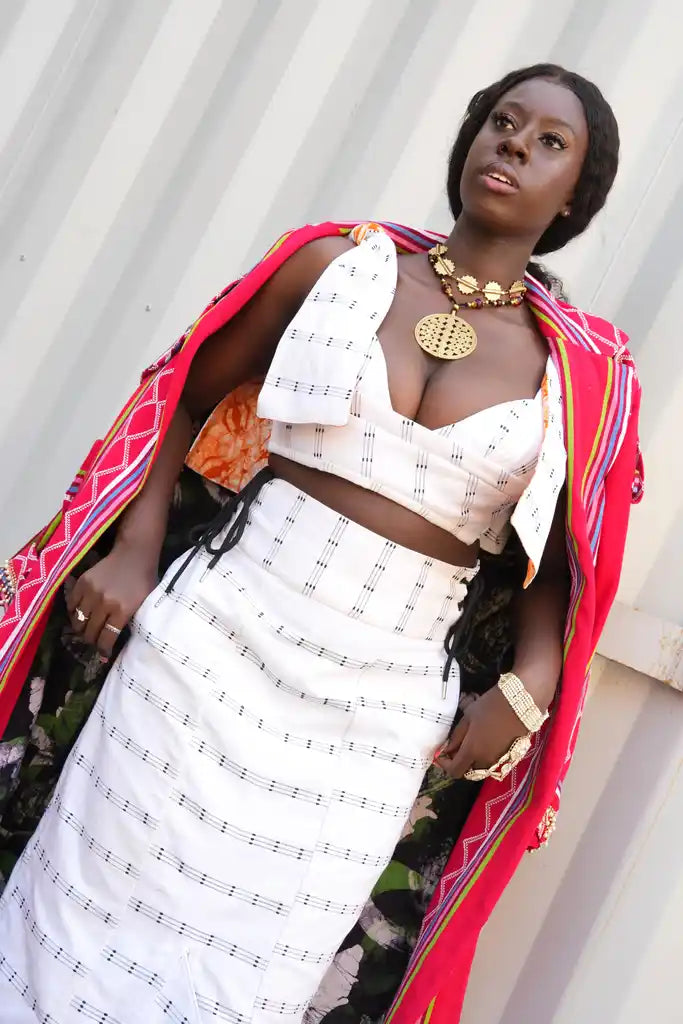 Milena White & Black Striped Handcrafted High-Waist Kente Pencil Skirt