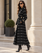 Vera Trench, Handcrafted Black Shimmer Kente Long Coat with Rhinestones & Batik Lining