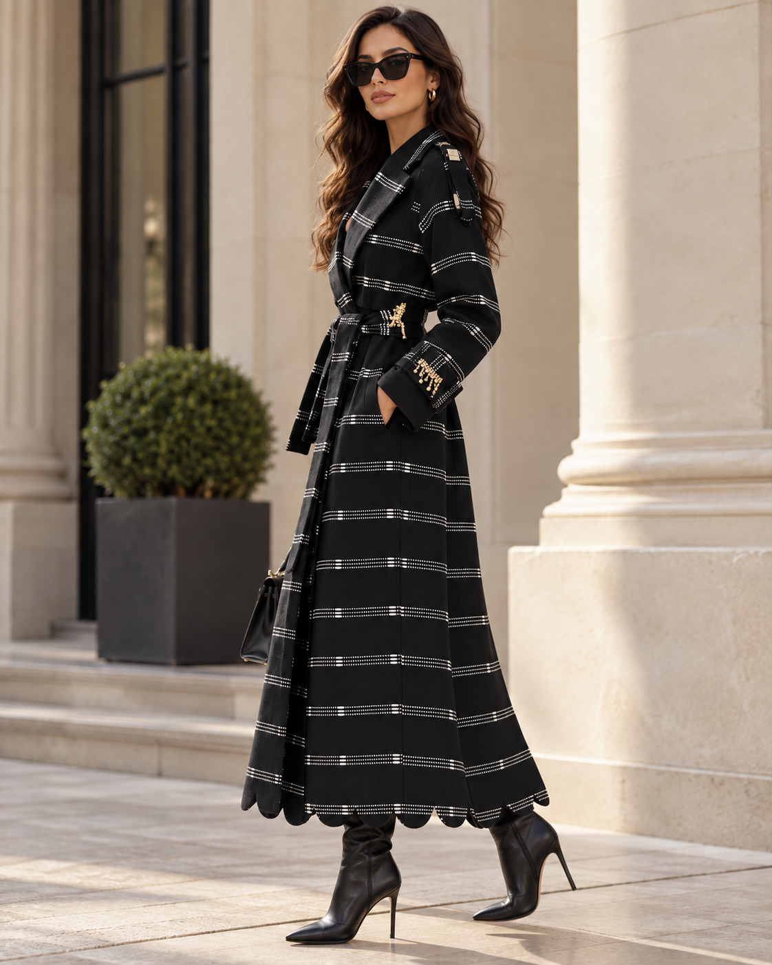 Vera Trench, Handcrafted Black Shimmer Kente Long Coat with Rhinestones & Batik Lining