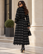 Vera Trench, Handcrafted Black Shimmer Kente Long Coat with Rhinestones & Batik Lining