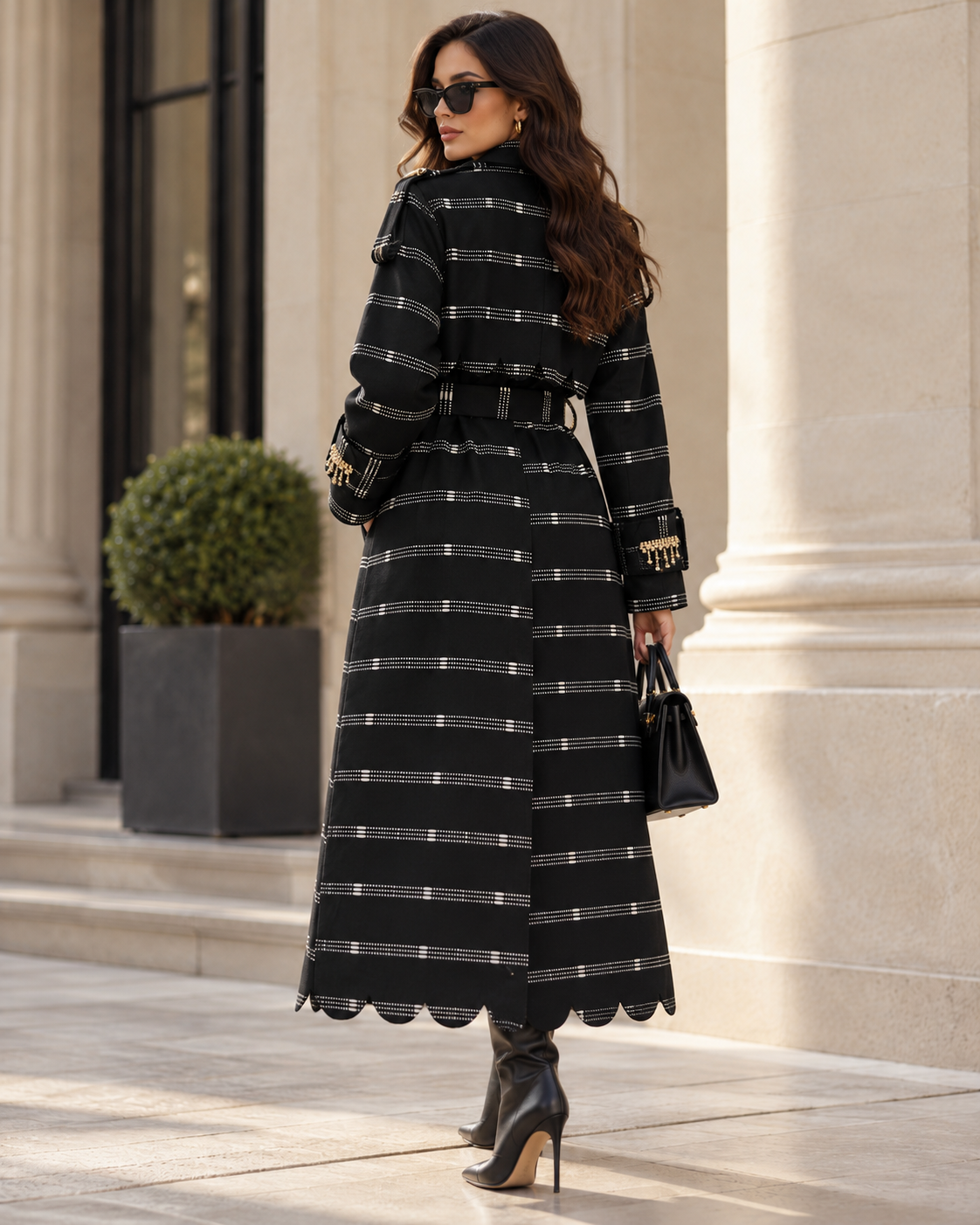 Vera Trench, Handcrafted Black Shimmer Kente Long Coat with Rhinestones & Batik Lining