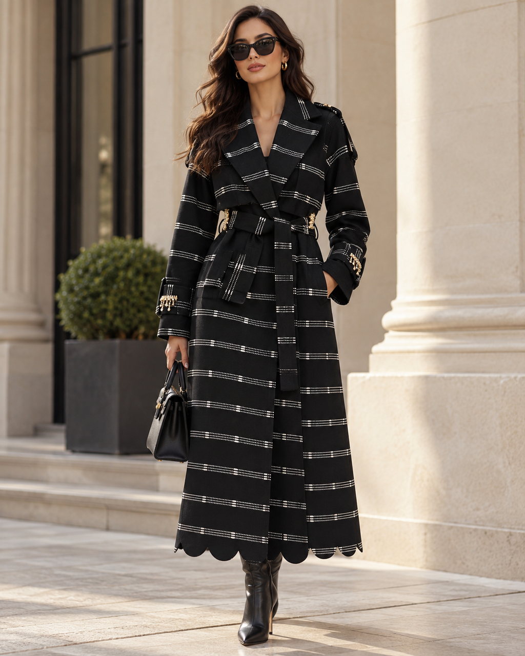Vera Trench, Handcrafted Black Shimmer Kente Long Coat with Rhinestones & Batik Lining