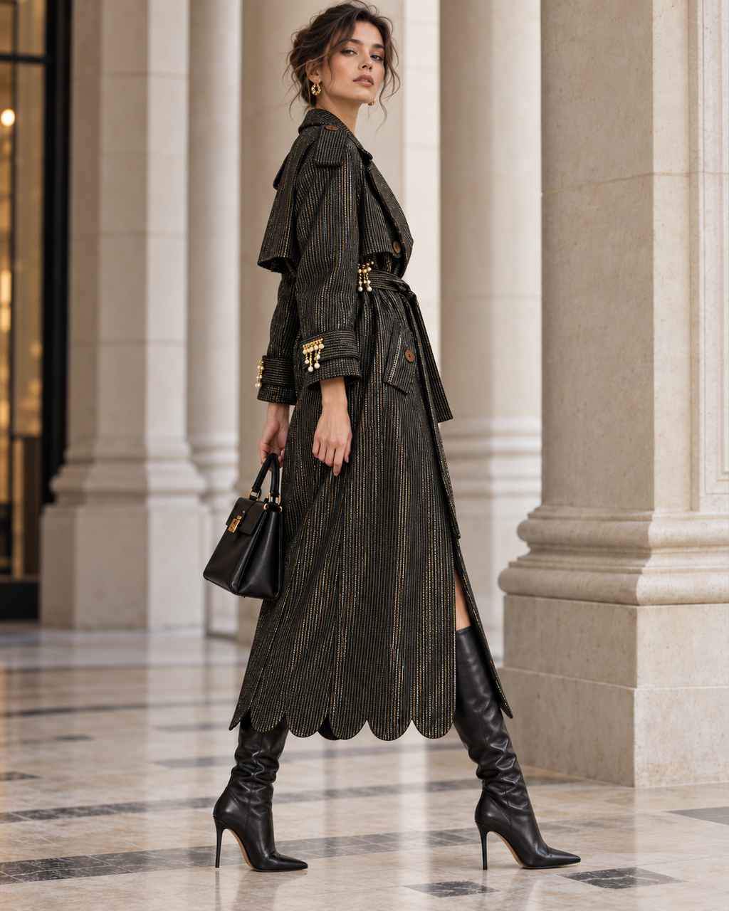 Vera Trench, Handcrafted Kente & Rhinestone Long Coat with Batik Lining – Black