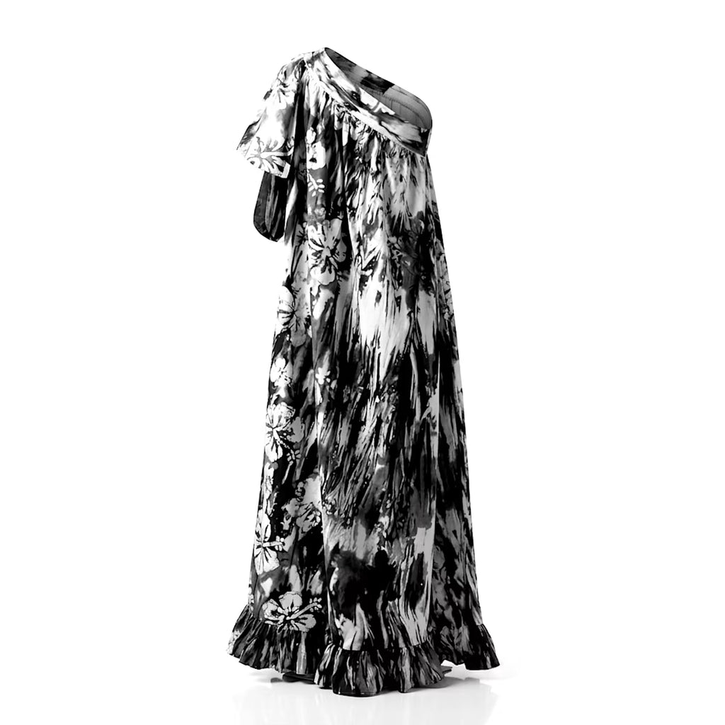 Abito da sera asimmetrico in batik Mirva con spacco e perline