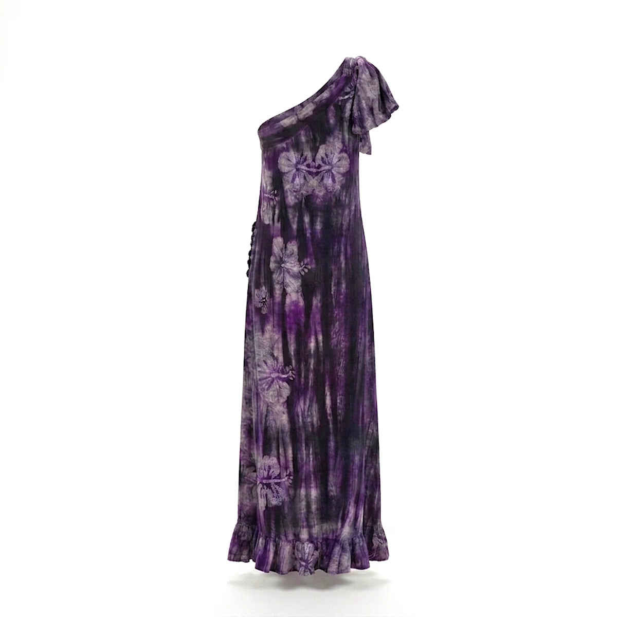 Wilma, One-Shoulder Batik Maxi Dress Purple Floral Cotton Summer Dress