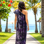 Wilma, One-Shoulder Batik Maxi Dress Purple Floral Cotton Summer Dress