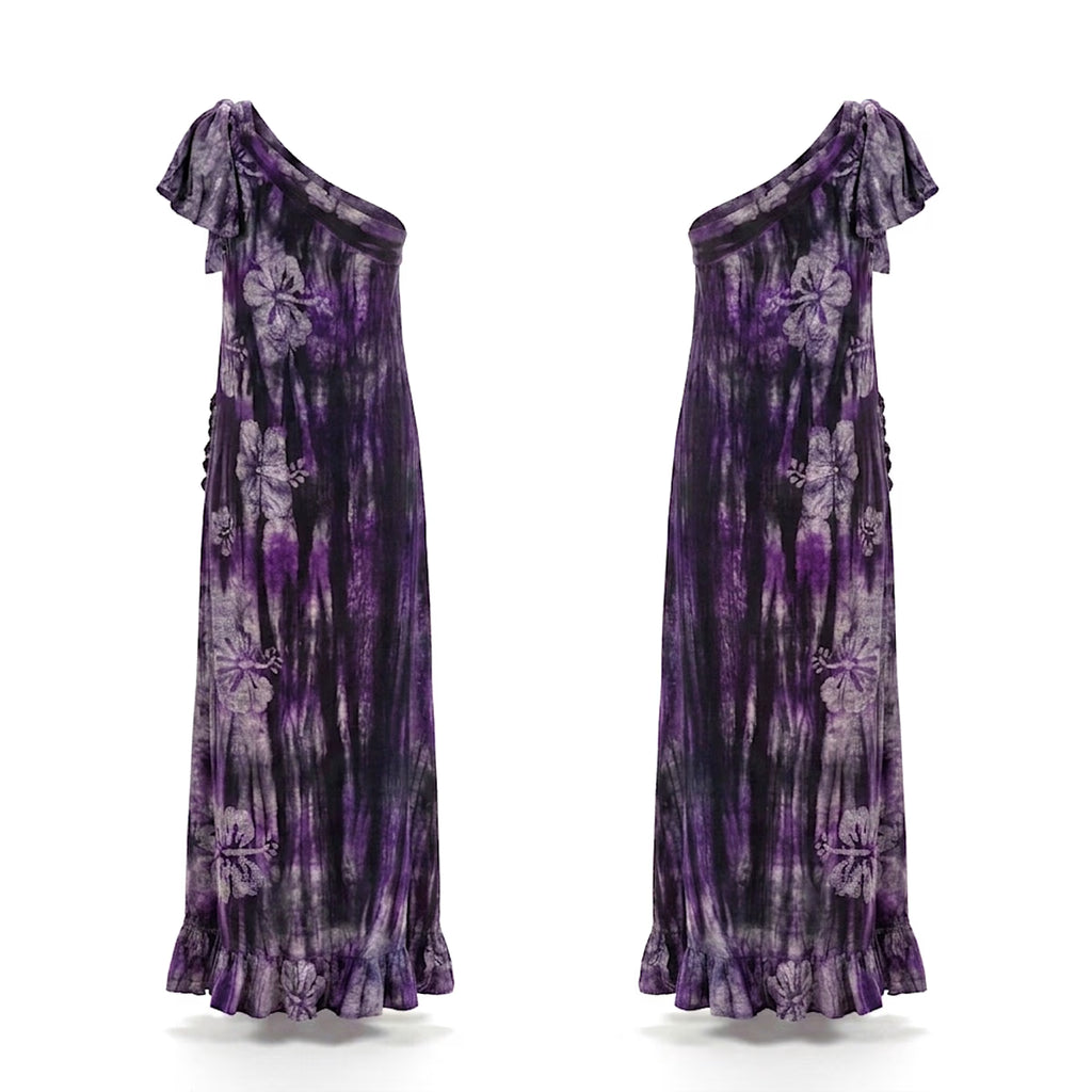 Wilma, One-Shoulder Batik Maxi Dress Purple Floral Cotton Summer Dress