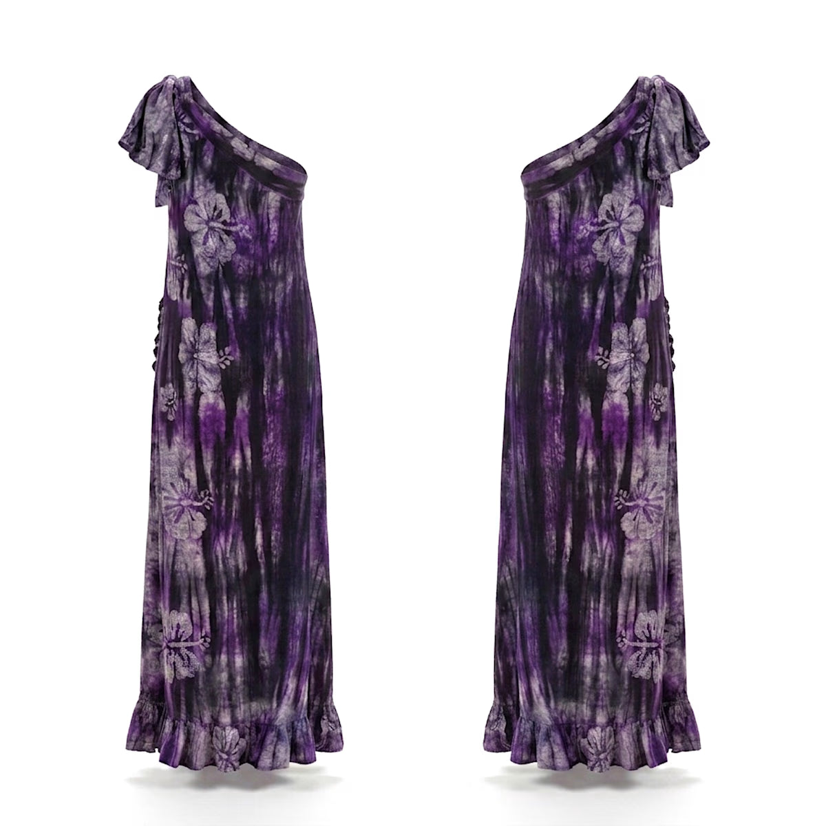 Wilma, One-Shoulder Batik Maxi Dress Purple Floral Cotton Summer Dress