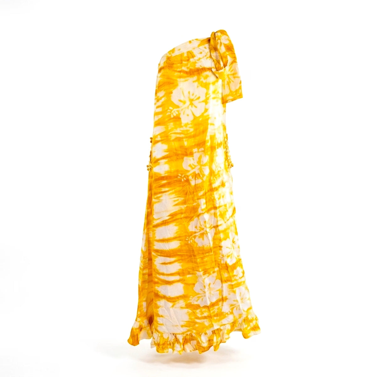 Abito da sera asimmetrico in batik Mirva con spacco e perline