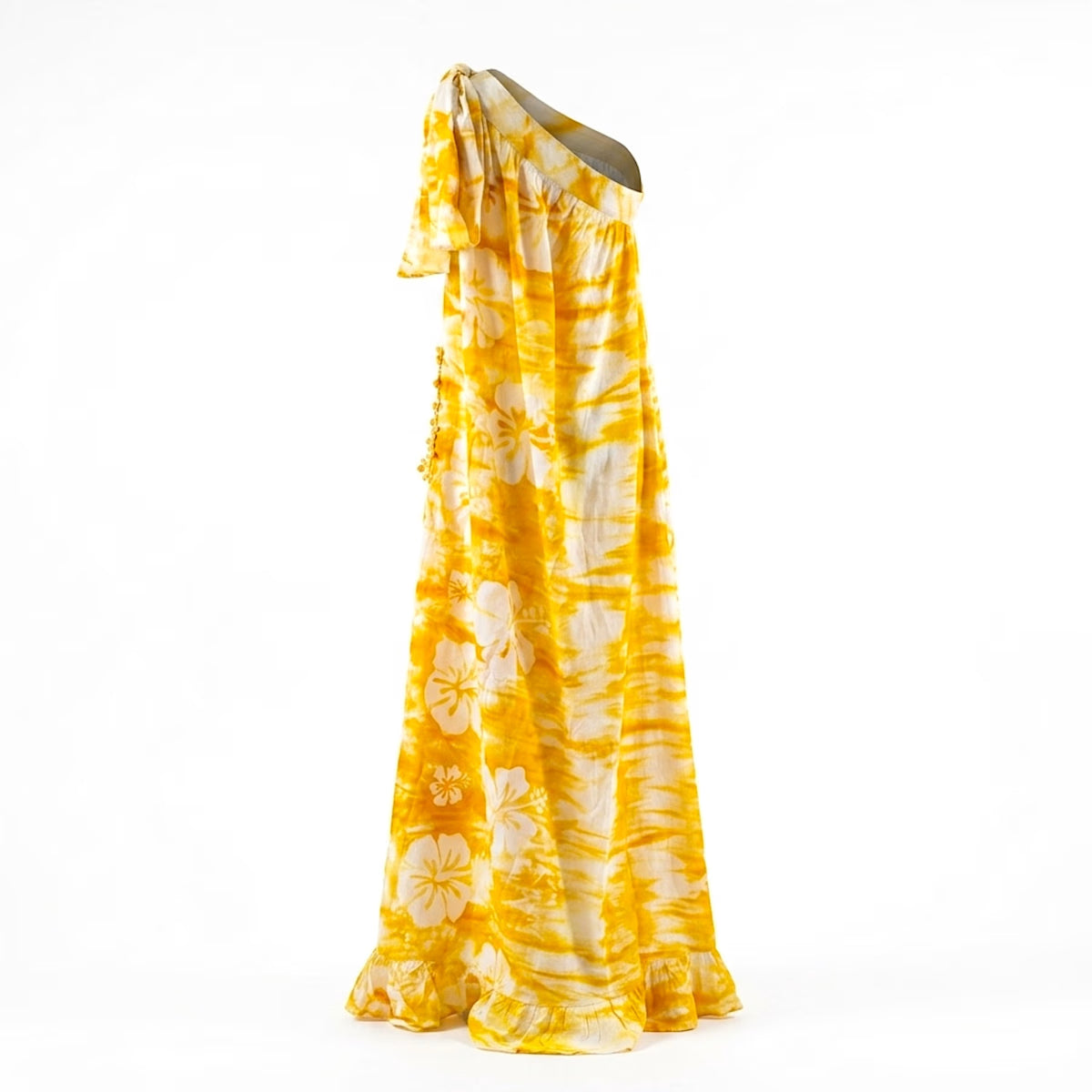 Abito da sera asimmetrico in batik Mirva con spacco e perline