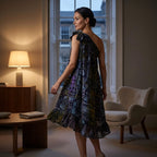 Abito da sera asimmetrico in batik Mirva con spacco e perline